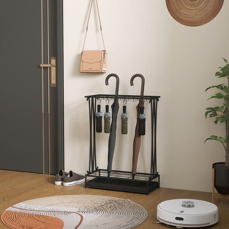 Paragüero rectangular de acero con 24 ganchos y bandeja extraíble 50 x 24 x 68 cm negro (1/5)