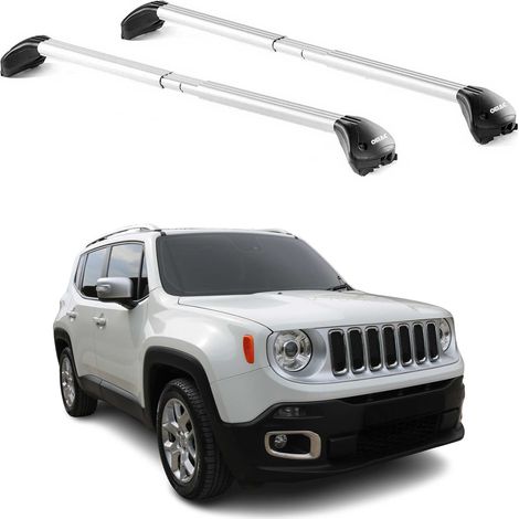 OMAC Barres de toit transversales certifiées TÜV pour Jeep Renegade 2015-2025 – Verrouillables (4 antivols) – Charge max 100 kg – Sangle inox + protection caoutchouc Argent (1/5)