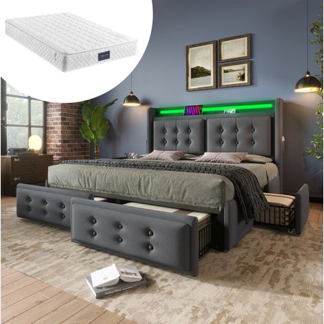 Lit coffre 140x200 avec 4 tiroirs, LED, beige HAVRYA (1/5)