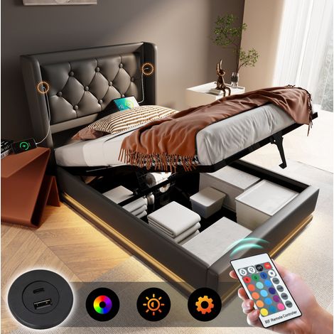 Polsterbett 90/200 cm schwarz aus PU mit Stauraum, USB-C und LED (1/5)