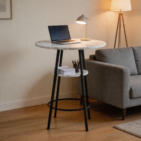 Table de bar moderne avec rangements — Finition effet marbre blanc et structure en métal noir — Une table haute moderne idéale pour les cuisines, les salles à manger et les cafés.