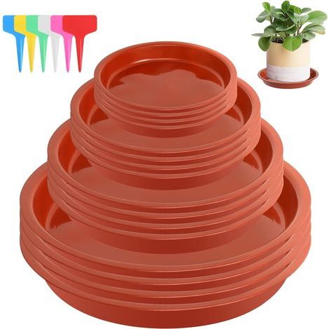 16 Pièces Coupelle Pot de Fleur Soucoupe Pot Fleur Plastique Soucoupes Pots de Fleurs avec 18 Étiquettes Sous Pot de Fleur Rond Dessous de Verre pour Plantes D'intérieur et D'extérieur (Rouge)