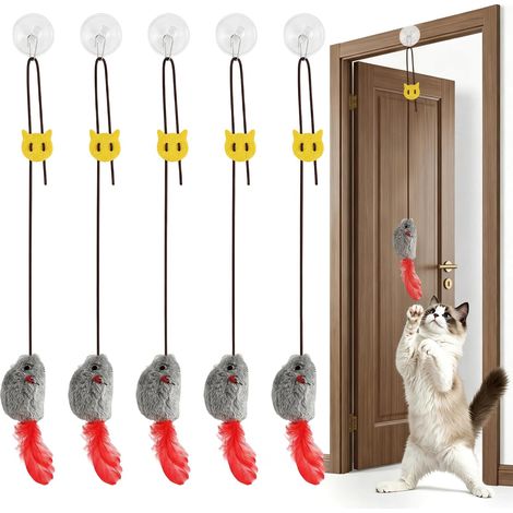 5 pièces de Jouet pour Chat à Occupation Autonome, Souris élastique Suspendue au Cadre de Porte avec couinement, Souris à Queue en Plume, Jouet interactif pour Chat, Jouets pour Chat (1/5)