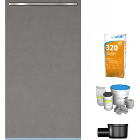 Receveur à carreler 120 x 100 cm Wedi Fundo Riolito Neo + barrette + bonde horizontale + kit d'étanchéité et colle 320