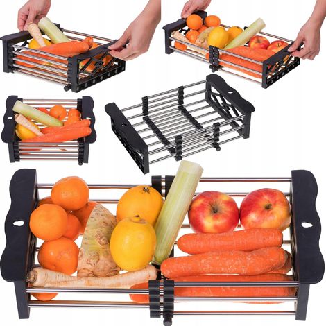 Escurridor telescópico para fregadero, cesta de acero para lavar y secar frutas (1/5)