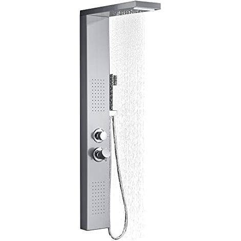 Naizy – Panneau de douche 4 en 1 – Douche pluie, cascade, massage – Acier inoxydable 304 finition brossée – Connexion plomberie standard 1/2''