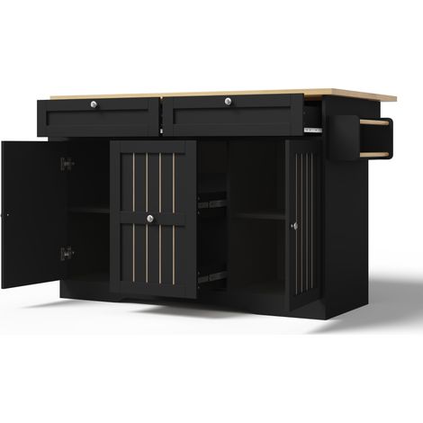 Isla de cocina móvil negra de MDF con tablero abatible, 2 cajones y ruedas bloqueables (1/5)