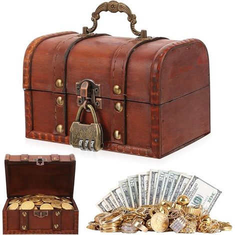 Coffre au trésor en bois avec cadenas, boîte de rangement vintage pour enfants, décoration et chasse au trésor (1/5)