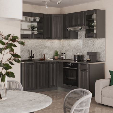 Cucina angolare completa Fame-Line, Grigio scuro/Antracite, 190 x 160 cm senza piano di lavoro, Vicco