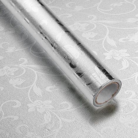 1 Rolle (0,4 1 m) silberne Küchentapete, selbstklebende Aluminiumfolienrolle mit kleiner Blumenstruktur, wasserdicht und ölbeständig (1/5)