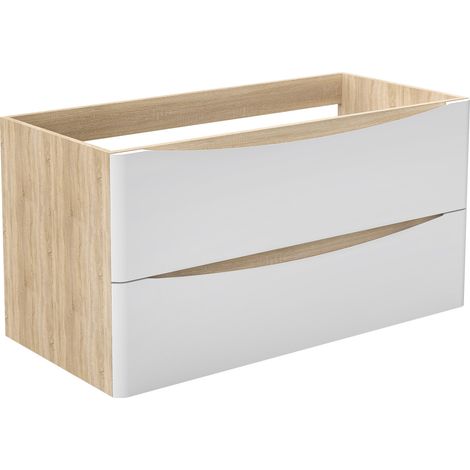 AICA Meuble de salle de bain suspendu 100 cm Brillant + 2 tiroirs, Blanc et Chêne - sans compter vasque