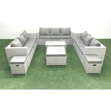Fimous Ensemble de meubles de jardin en rotin 12 places avec Canapé de jardin Table basse 3 Tabourets Table d'appoint Gris clair mixte (1/5)