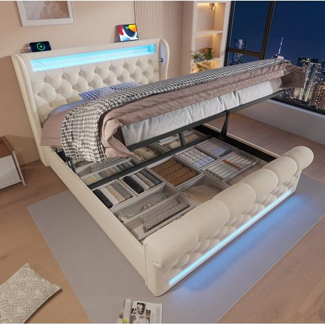 Cama doble con canapé 160x200 cm tapizada en terciopelo beige, LED, cabecero con almacenaje y puertos USB y Tipo C, apertura hidráulica para dormitorio – CHICFURN (1/5)