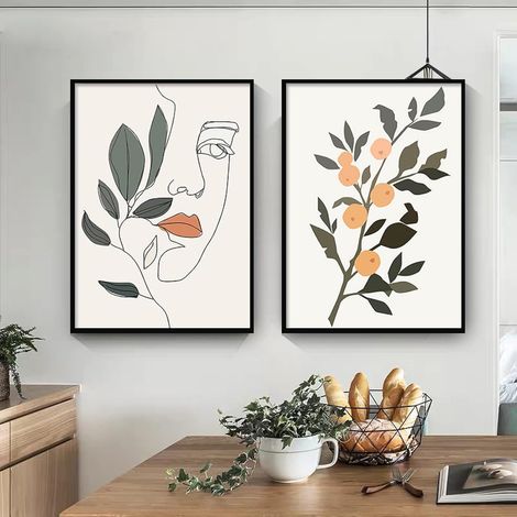 Póster nórdico de dibujo lineal simple, arte mural de mujer, pintura abstracta de flores sobre lienzo, imagen botánica de hoja, decoración moderna para el hogar, 40x60cmx2 sin marco (1/3)