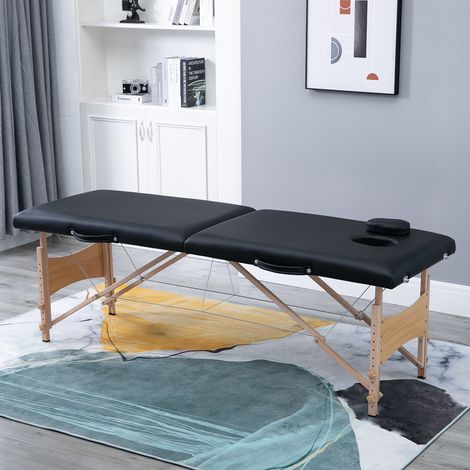 Table de massage pliante en hêtre noir, lit portable 186x60 cm, 2 zones, hauteur réglable, coussin facial amovible, sac de transport inclus, table esthétique pour tatouage