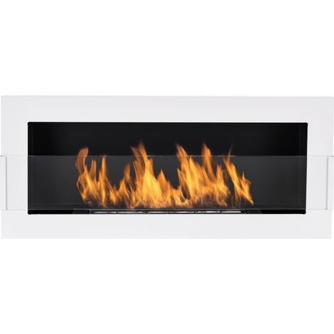 Cheminée au bioéthanol 90 cm avec vitre. Cheminée murale bio à flamme réglable, blanche. (1/5)