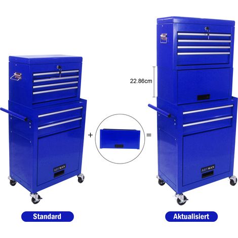 Coffre à outils 6 tiroirs avec verrouillage, équipé de 4 roulettes universelles, système de rangement 2-en-1 amovible pour garage, atelier et réparation, bleu (1/5)