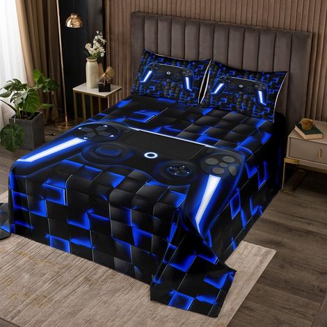 Console de Jeux 260x240 Dessus de Lit Garçon Bleu Jeux Enfants Couvre-Lit Géométrie Console de Jeux Couverture de Lit Adolescent Salle de Jeux Vidéo Décoration Néon Poignée de Jeu Léger Literie Set -  (1/5)