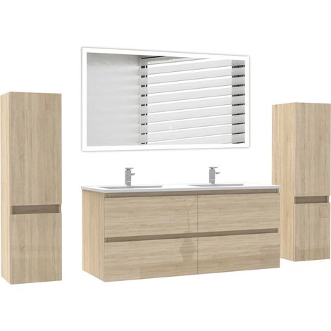 Ocean Ensemble de Meuble salle de bain 120cm Chêne Haut Brillant, miroir led + 2 colonnes 110cm (1/5)
