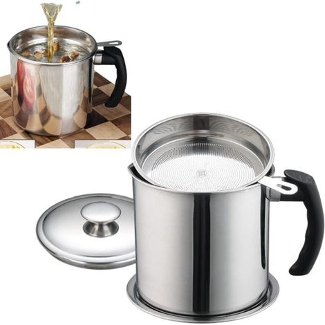 Recipiente para almacenar aceite de freír con filtro de malla fina, lata de aceite de cocina de 1,4 l (47 oz), color plata, 12,5 x 14 x 11,2 cm (1/5)