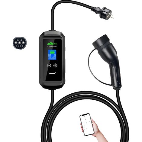 Chargeur EV 3,6 kW 16A, Portable avec Contrôle Smart Wifi via Application et Minuteur, Charge Rapide et Sûre pour Véhicules Électriques, 220-250V, Noir, Type 2