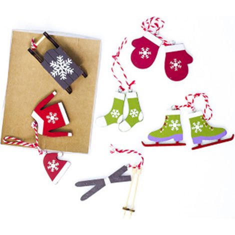 Garniture De Décorations De Noël En Bois - 6 Pièces Ornement Pour Arbre De Noël - Formes Variées Skis Chaussettes Gants - Ruban Inclus - Dimensions 6 À 13 Cm (1/5)