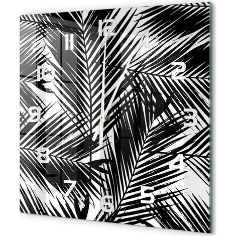 Grande Horloge Murale Carrée Décoration Cuisine en Verre Trempé Silencieuse Moderne Feuilles de palmier 60x60 cm (1/5)