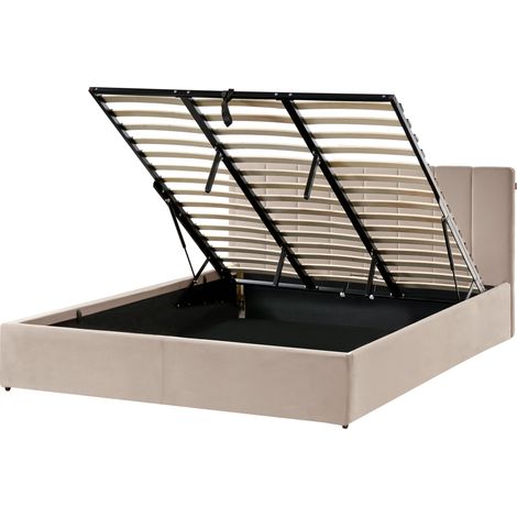 Cama con somier de terciopelo gris pardo 180 x 200 cm cabecero abatible espacio de almacenaje Dreux