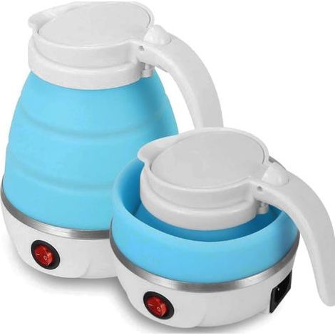 Bouilloire électrique pliable, mini bouilloire électrique pliable en silicone de voyage de 0,6 L avec fond en acier inoxydable pour la randonnée, le camping, les voyages, les vacances (bleu) (1/4)