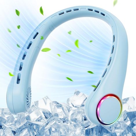 Ventilateur de cou 4000 mAh USB Mini silencieux 3 vitesses Lumière LED portable pour le camping, les voyages, sport Bleu