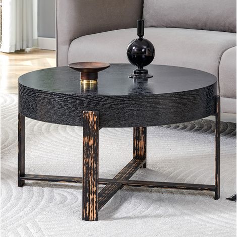 Runder schwarzer Couchtisch Ø 68 cm aus MDF und Metall, Kreuzgestell HAVRYA (1/5)