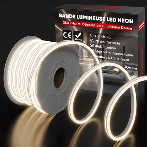 Neon Ruban LED 30m, 230V Bande lumineuse, IP65 Etanche, 10W/M, 350LM/M, 120 leds/m Neon LED Strip pour Décoration Maison Cuisine Jardin Eclairage LED (Blanc Naturel) (1/5)
