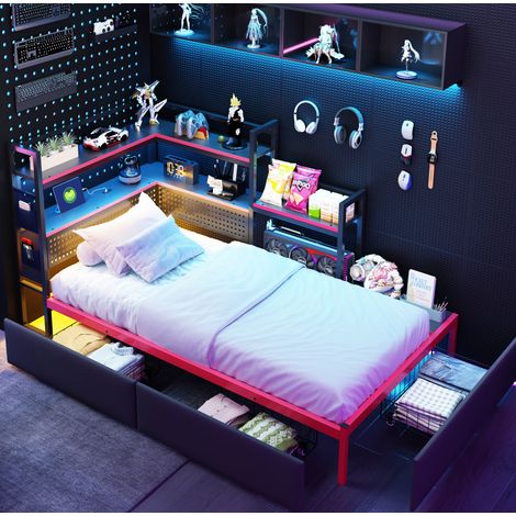 Bett Gaming-Stil aus Metall Schwarz 90x200 cm mit Lochwand-Kopfteil, 3 Schubladen, LED, USB und Seitenregalen