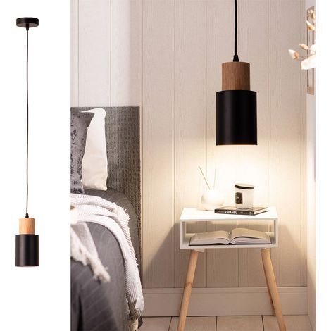 Lámpara colgante KIRA metal negro madera E27 (1/5)