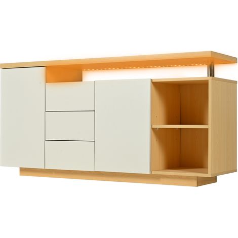 Buffet multifonctionnel 140 cm blanc et imitation bois avec LED, 2 portes, 3 tiroirs et 2 niches ouvertes (1/5)