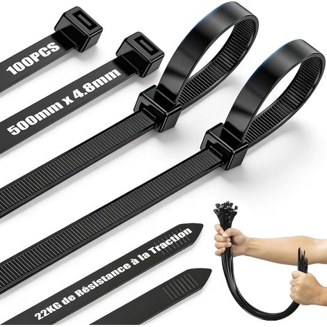 Attaches Câble Extralongue Noir, Serre Cable Réutilisable pour Cable Management 100Pièces 500mm x 4.8mm, Collier de Serrage la Traction de 22kg PourJardinage, Atelier, Intérieur et Extérieur (1/5)