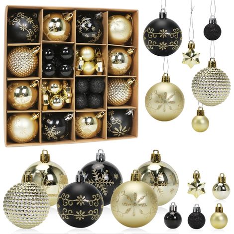 CCYKXA 44-teiliges Set Weihnachtskugeln, schwarze und goldene Weihnachtskugeln, Christbaumschmuck aus Kunststoff, Christbaumkugeln und Sterne, Hängende Ornamente für (1/5)