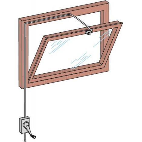 Ferme-imposte Mistral 3M00 blanc – Pour châssis à soufflet – Ouverture modulable jusqu'à 450 mm – Treuil avec manivelle amovible – Comtra