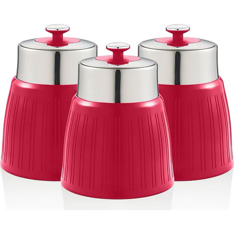 SWAN SWKA1024RN Set 3 Botes Cocina Almacenaje 1,2 L, Plástico y Acero Inox, Especias, Té ,Café, Retro, Vintage  Rojo