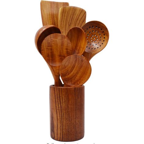 Pelle de cuisine en bois de teck antiadhésive, spatule et pelle à légumes haute température, ensemble de 8 pièces en bois d'acacia (naturel) (1/5)