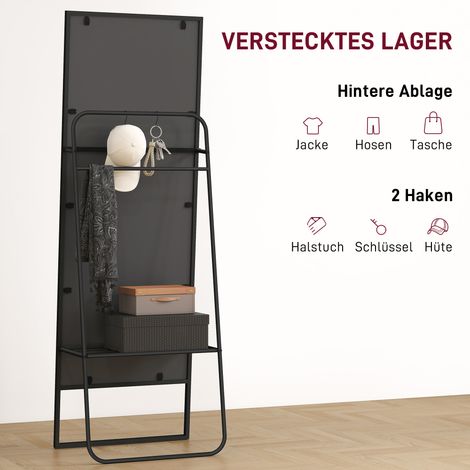 Miroir pleine longueur design industriel avec étagère arrière et 2 crochets, cadre métallique noir 157x50 cm pour chambre (1/5)