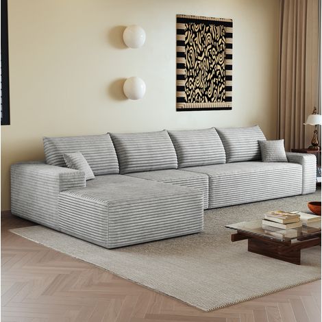 Divano angolare modulare 340 cm con chaise longue, tessuto a coste grigio OKMYHOME (1/5)