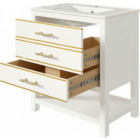 Blanc Meuble de salle de bain sur pied avec vasque céramique, 2 tiroirs et étagère ouverte, MDF laqué haute qualité, poignées dorées (1/5)