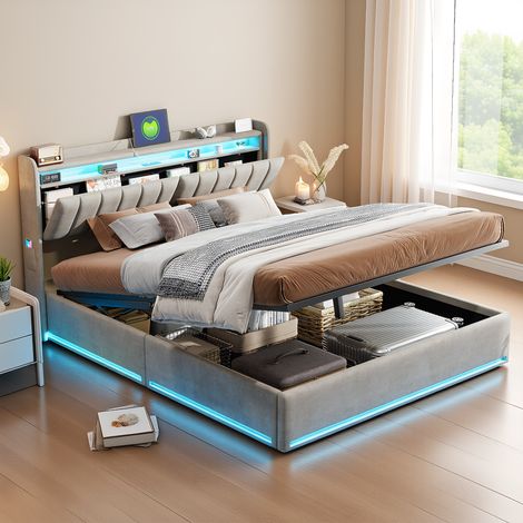 Polsterbett Doppelbett 160x200 cm mit hydraulischem Stauraum, mit LED und USB-Ladestation, Modernes Jugendbett, Bettgestell mit Kopfteil und Lattenrost, Velour Grau, Ohne Matratze