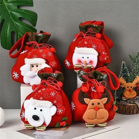 Sac Cadeau Noel - 19 5 X 22 5 Cm - Imprimé Père Noël Flocon De Neige Cerf Bonhomme De Neige - Lot De 4 (1/5)