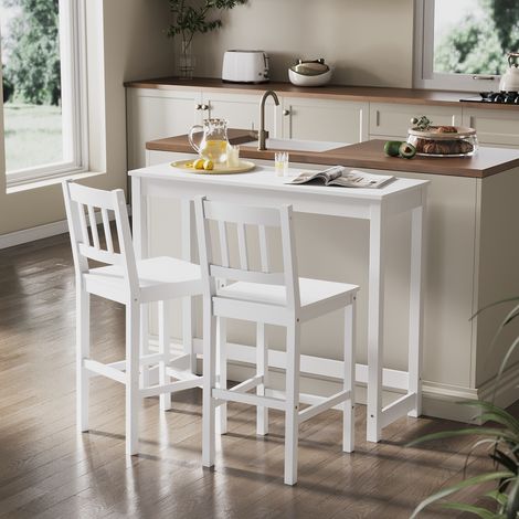 ELEGANT Dining Bar Set-1 Table and 2 Chairs Solid Wooden Bar Table Set for Dining Room 1170 x 590 x 195mm, White/White Natural Pine