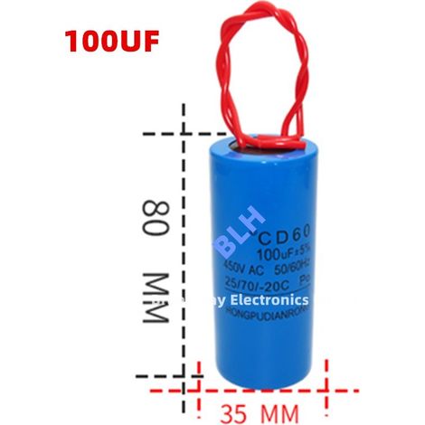 Condensateur de démarrage avec coque en plastique, cellule électrolytique, CD60, 450V, 450ylique, 100UF 80x35mm (1/3)