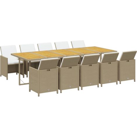 11 Piece Garden Dining Set with Cushions Poly Rattan Beige vidaXL (1/2)