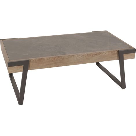 Table basse HWC-L89, table de salon, fer 43x120x64cm pierre agglomérée imitation marbre gris bois gris-brun