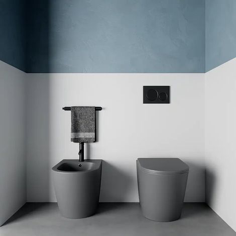 Sanitari filomuro in ceramica rimless grigio opaco vaso bidet e copriwc soft close Vienna